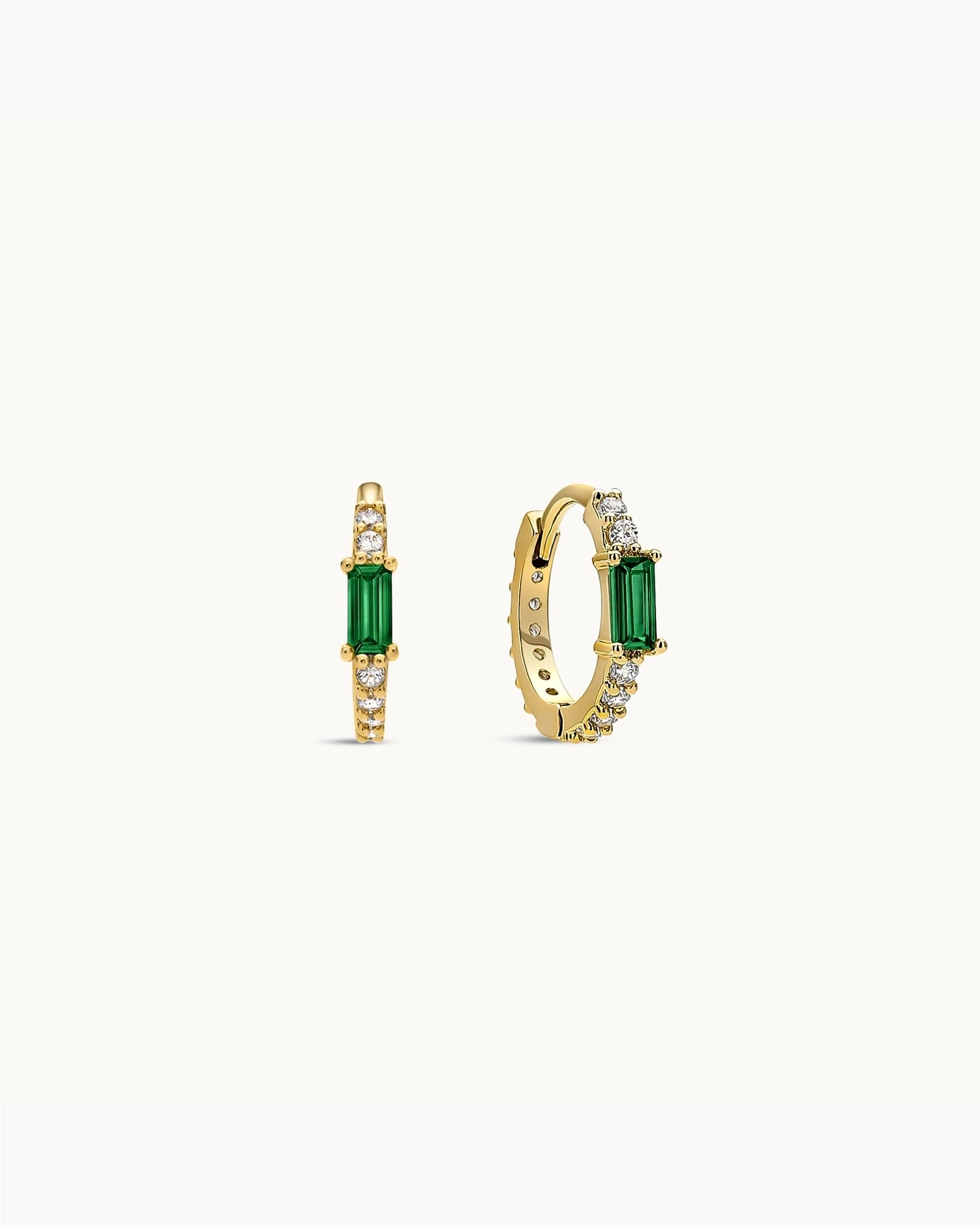 Baguette Birthstone Huggies in Gold - Emerald