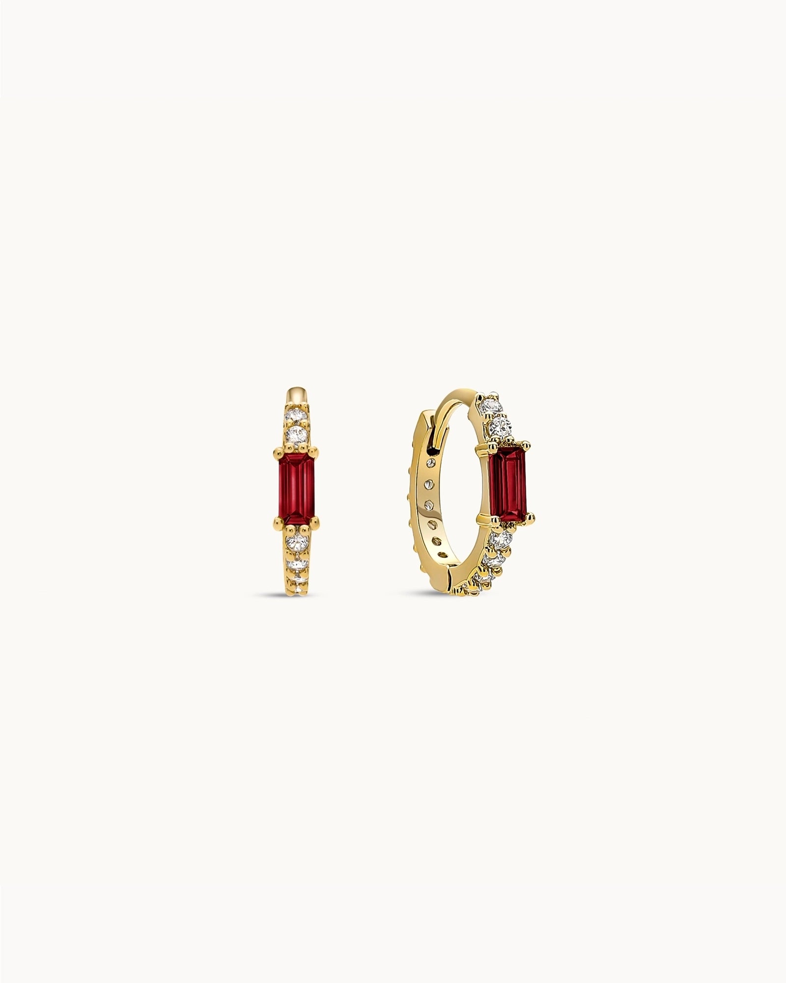 Baguette Birthstone Huggies in Gold - Ruby