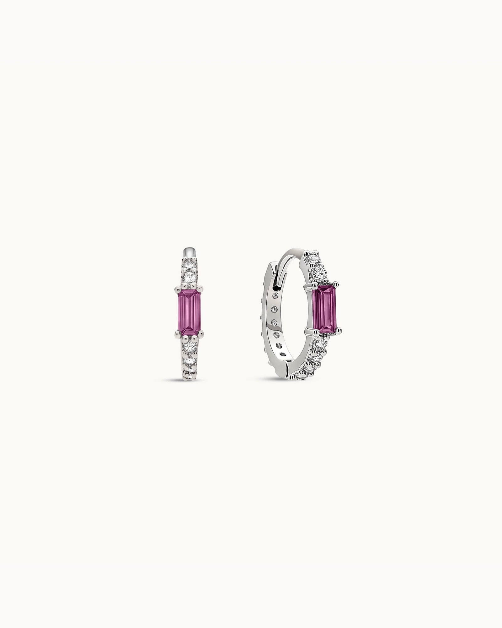 Baguette Birthstone Huggies in Silver - Rose