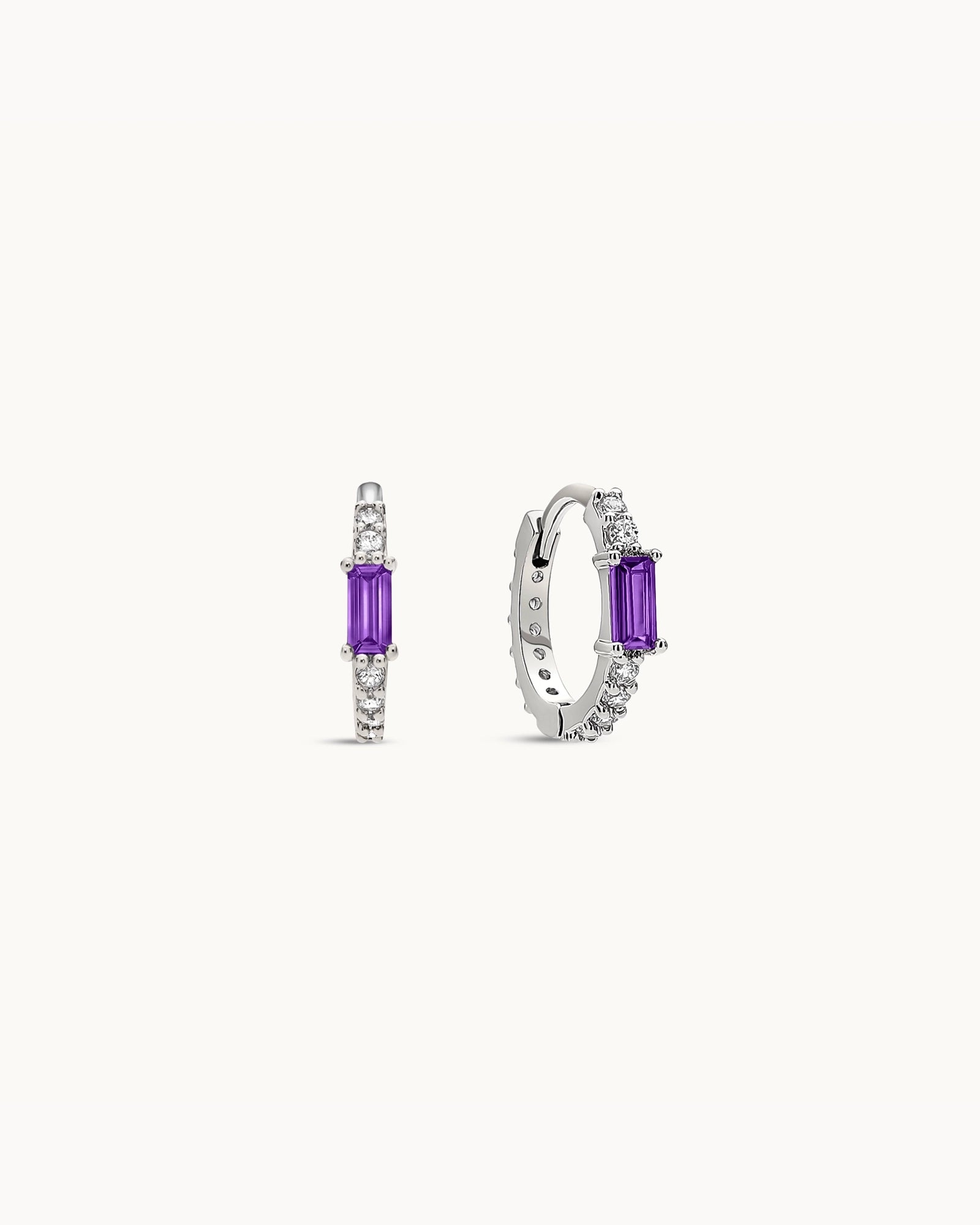 Baguette Birthstone Huggies in Silver - Amethyst