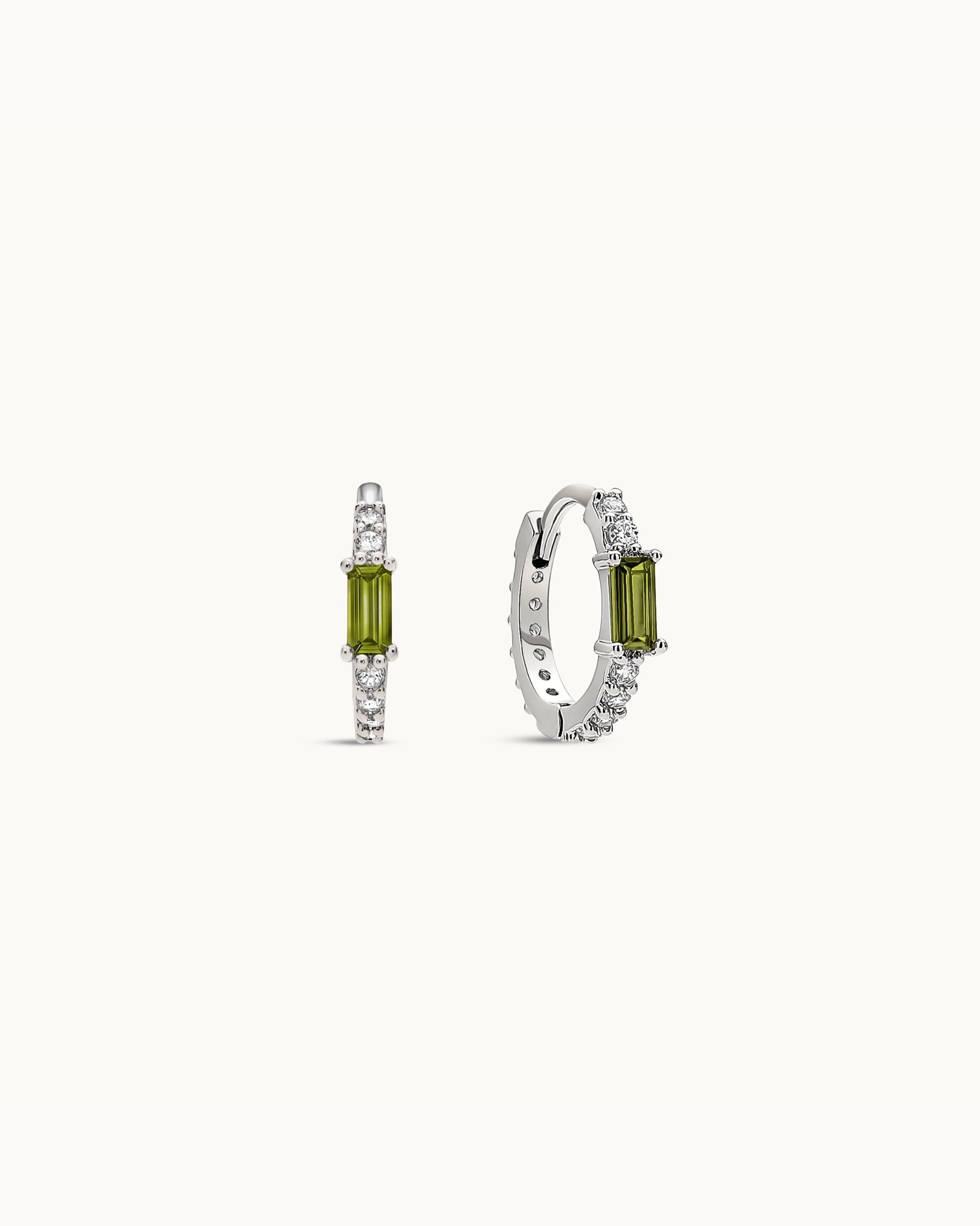 Baguette Birthstone Huggies in Silver - Peridot