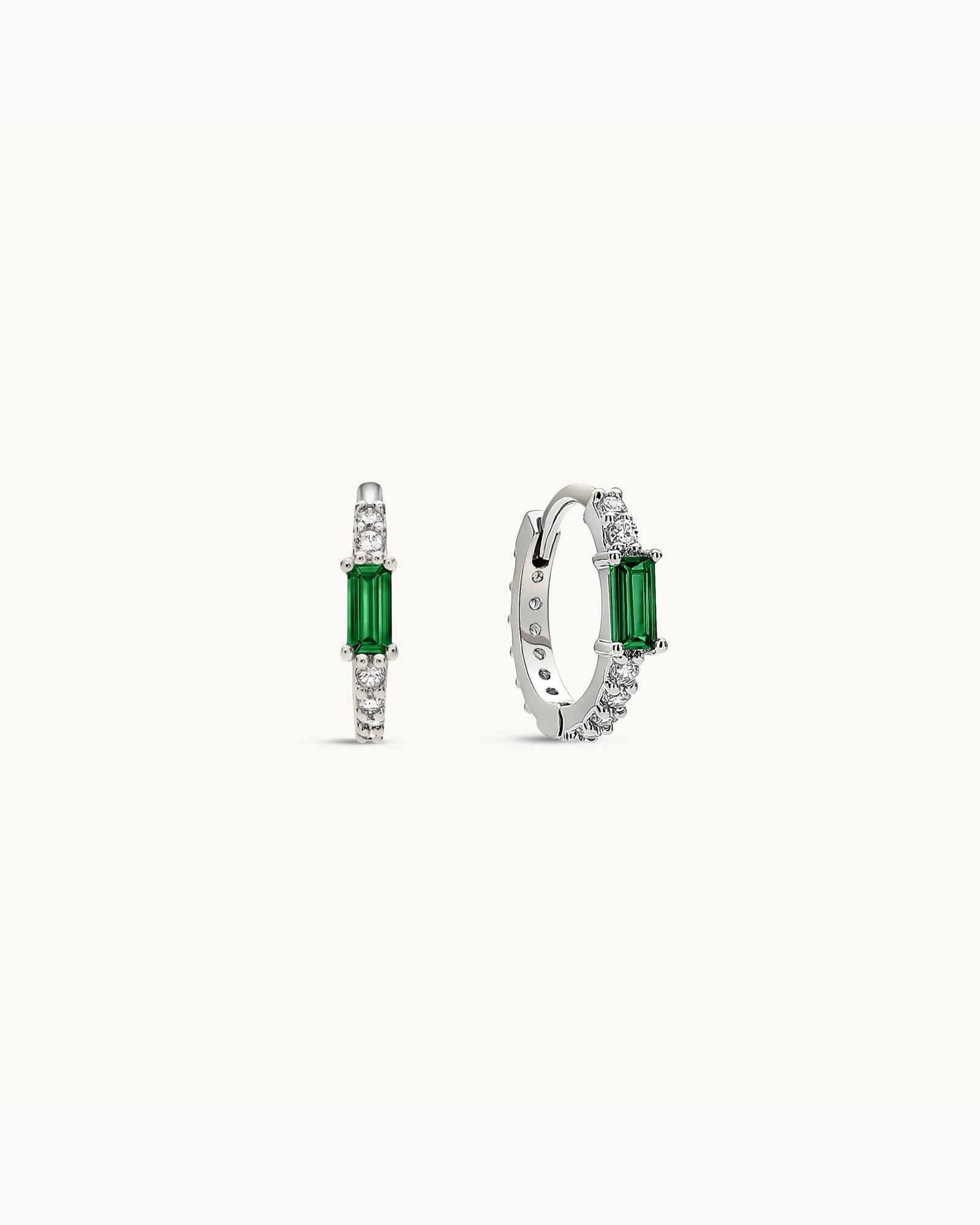 Baguette Birthstone Huggies in Silver - Emerald