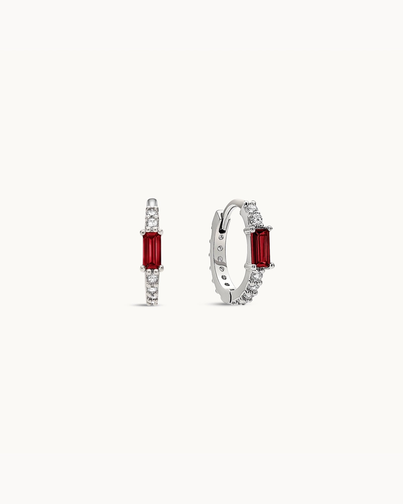 Baguette Birthstone Huggies in Silver - Ruby