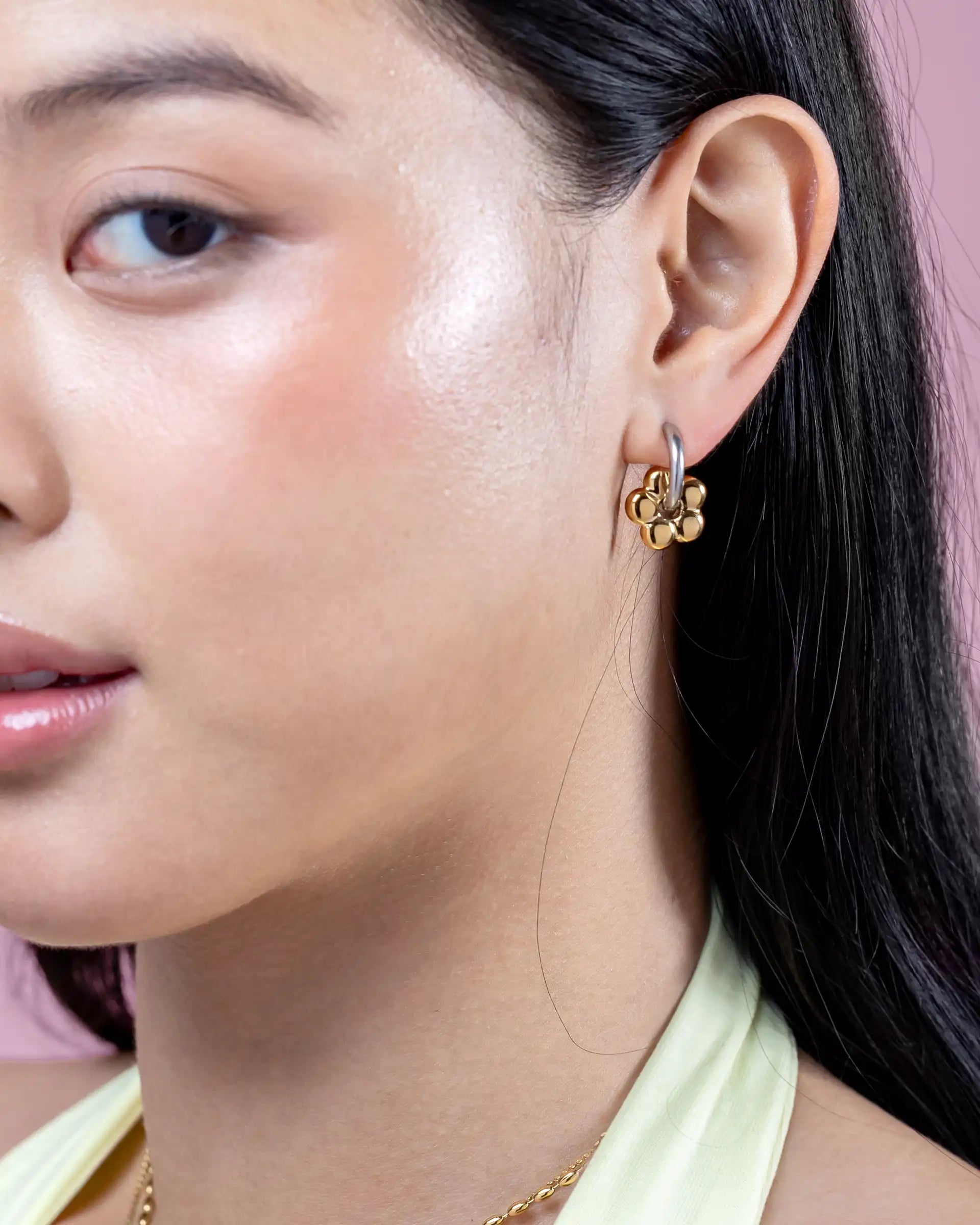 Lorie Flower Charm Huggie Earrings in Two-Tone