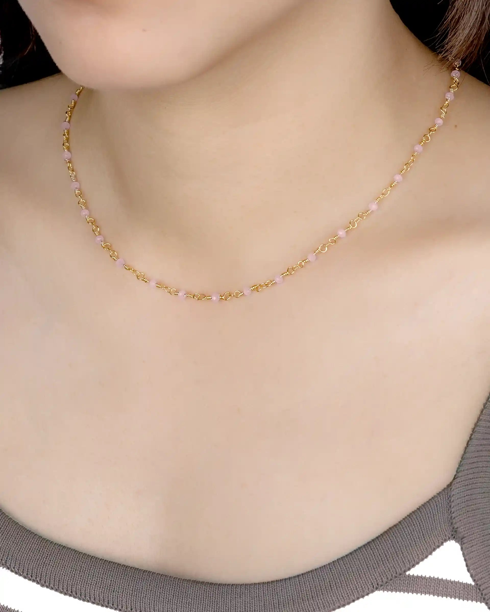Meagan Beaded Necklace in Gold - Pink