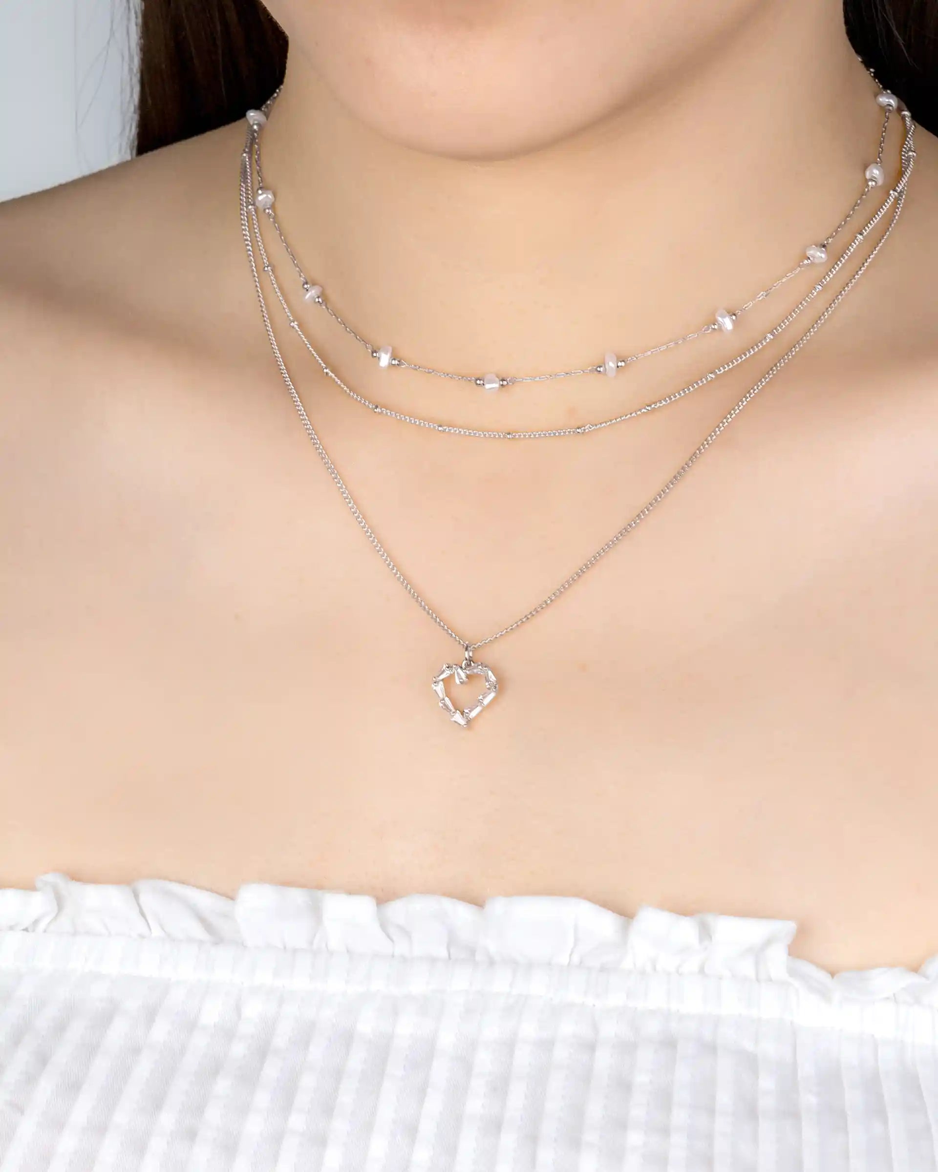 Rosetta Layered Heart Necklace in Silver