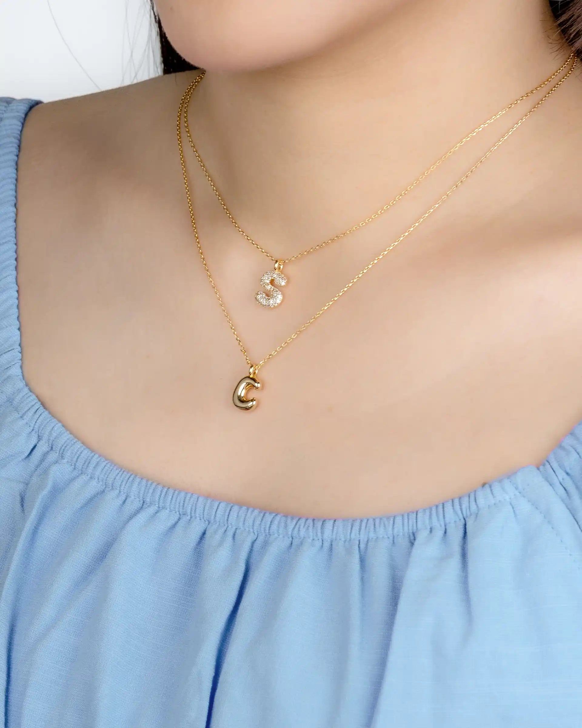 Mini Pavé Bubble Initial 'S' Necklace in Gold
