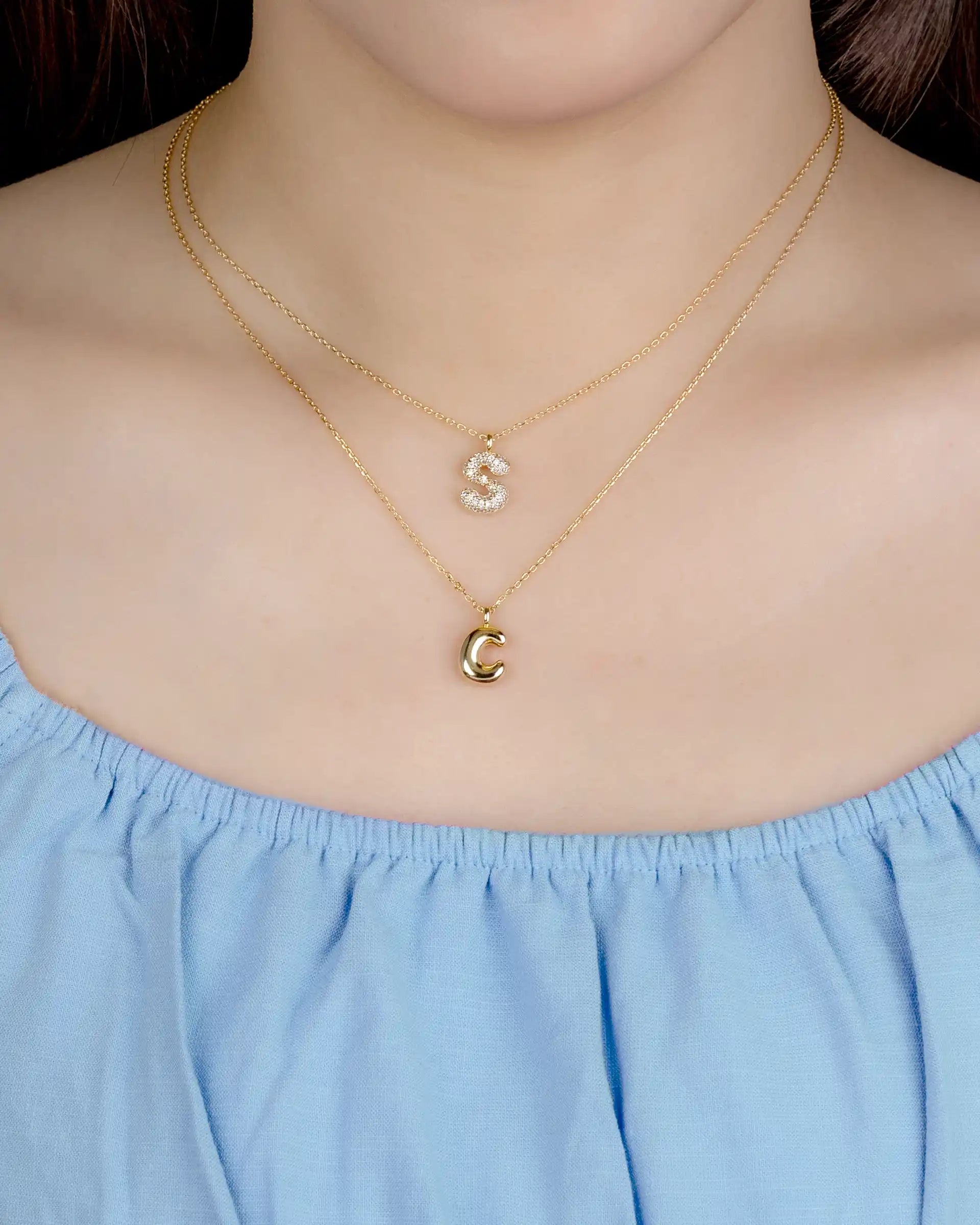 Mini Pavé Bubble Initial 'S' Necklace in Gold