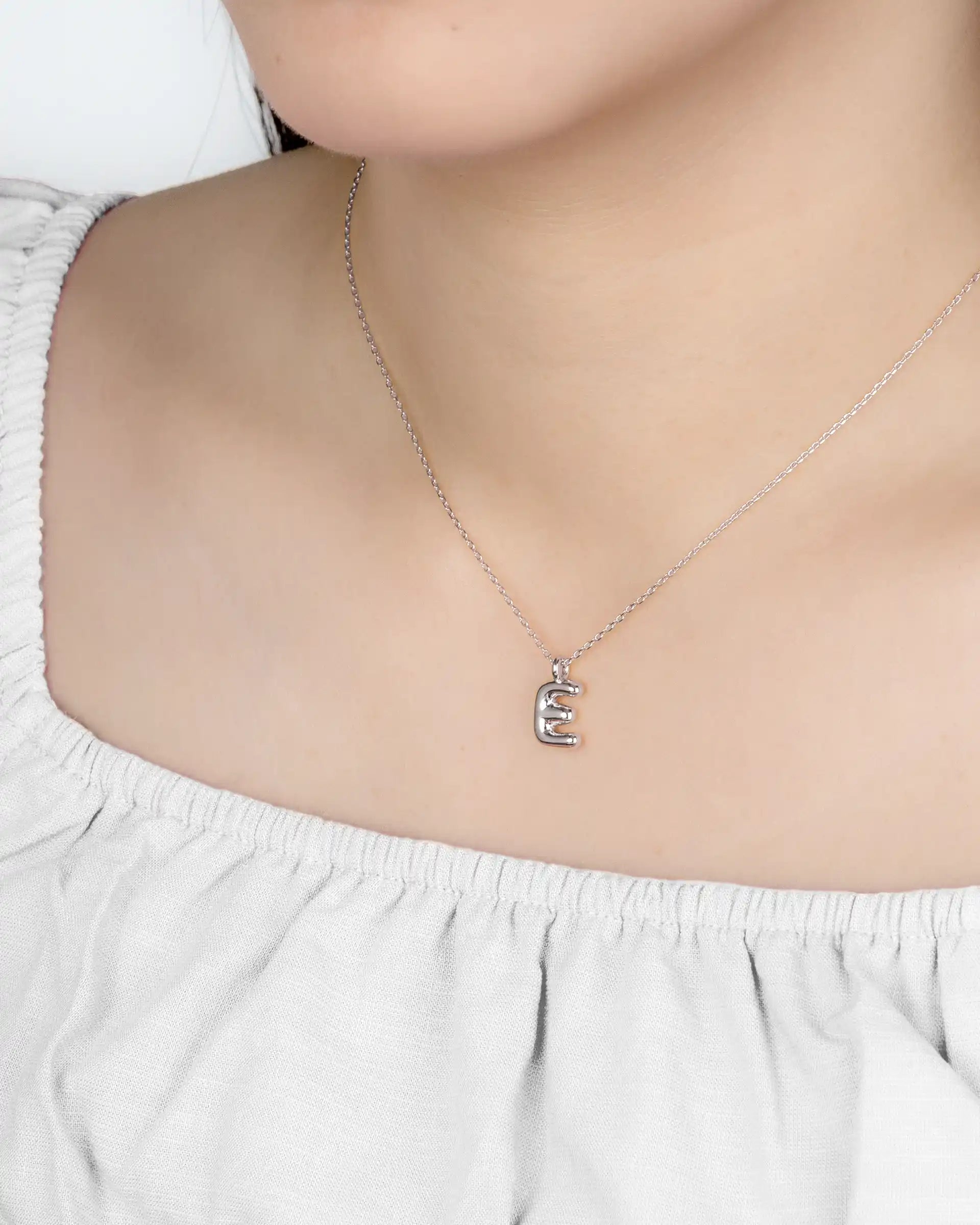 Mini Bubble Initial 'E' Necklace in Silver