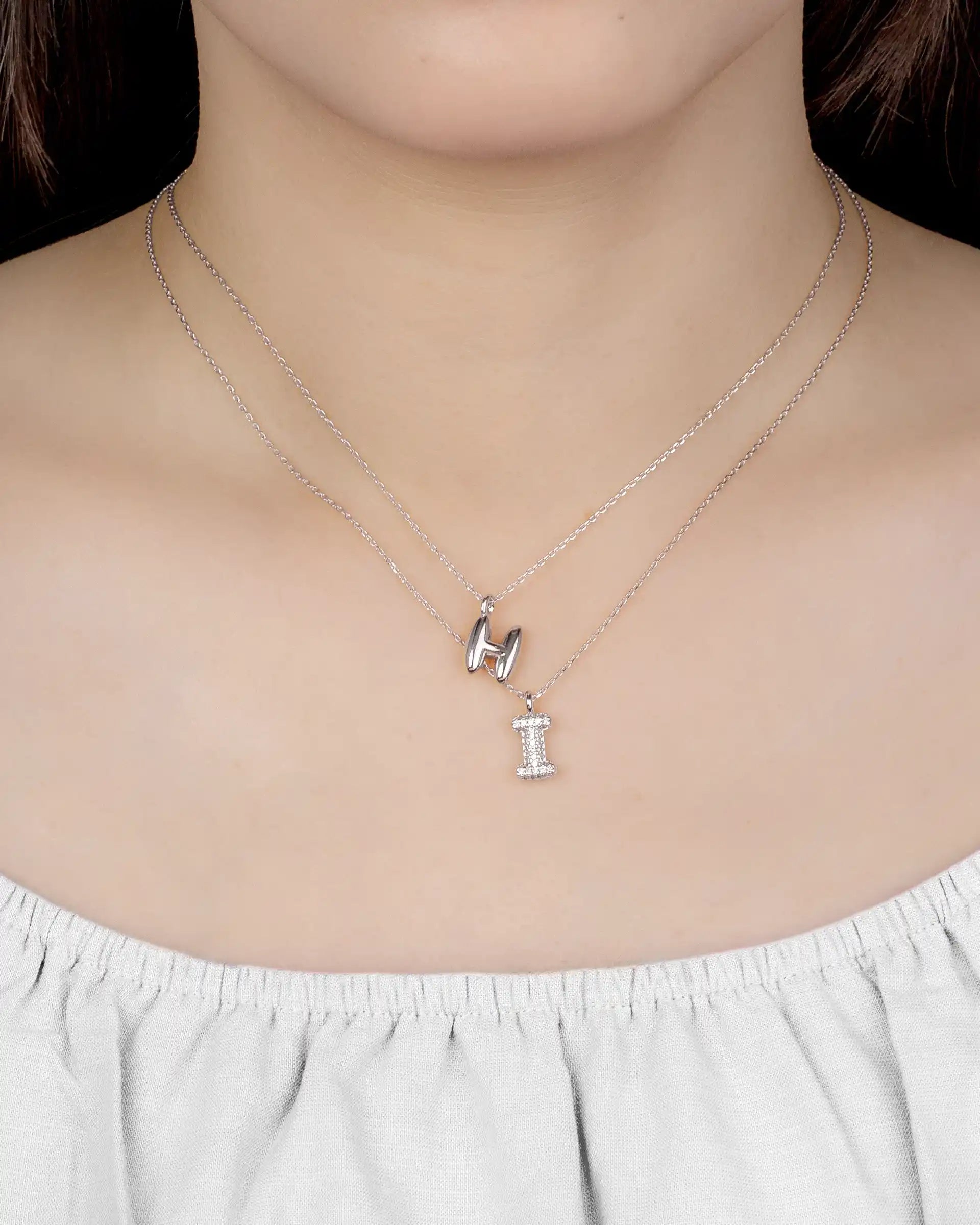 Mini Pavé Bubble Initial 'I' Necklace in Silver