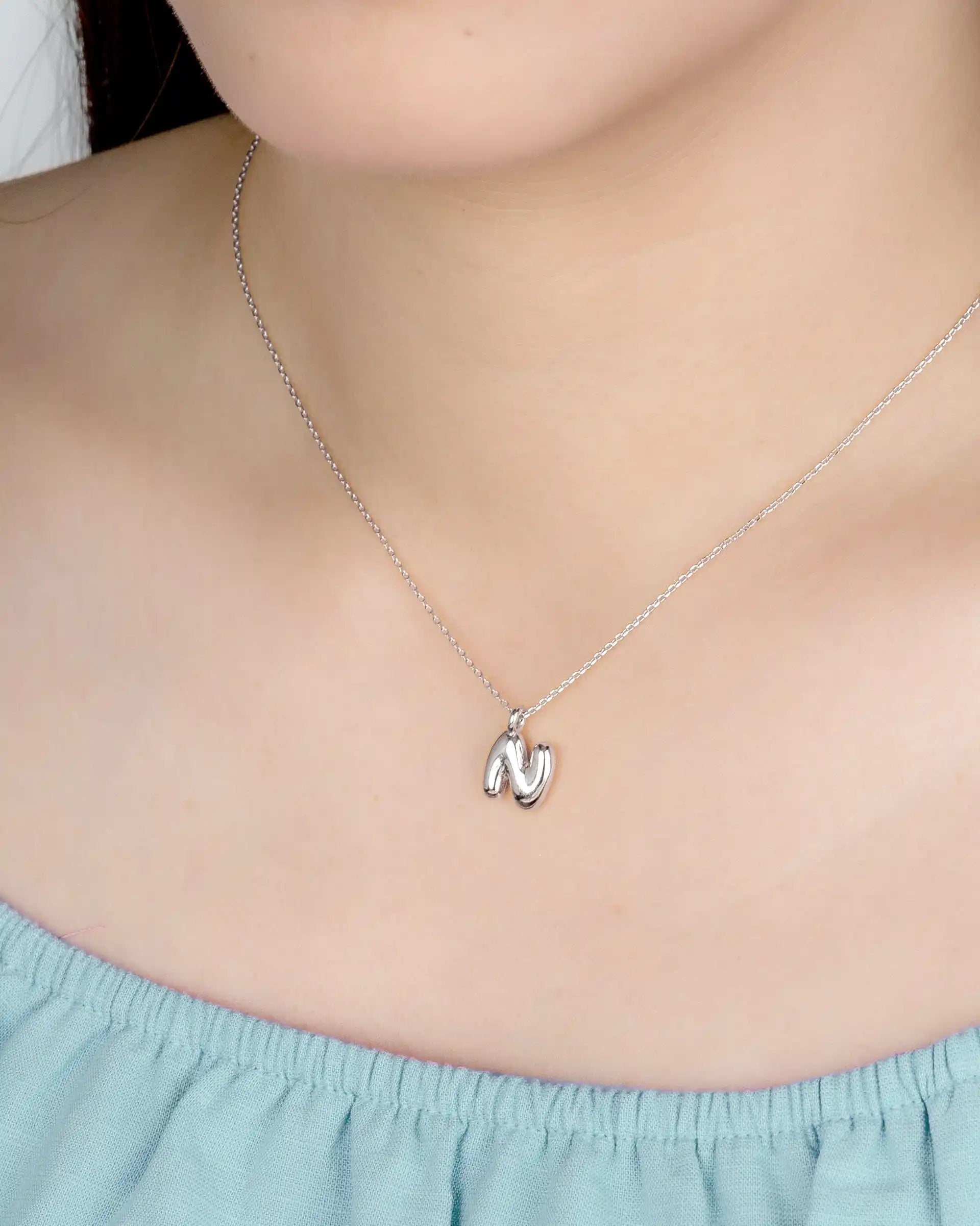 Mini Bubble Initial 'N' Necklace in Silver