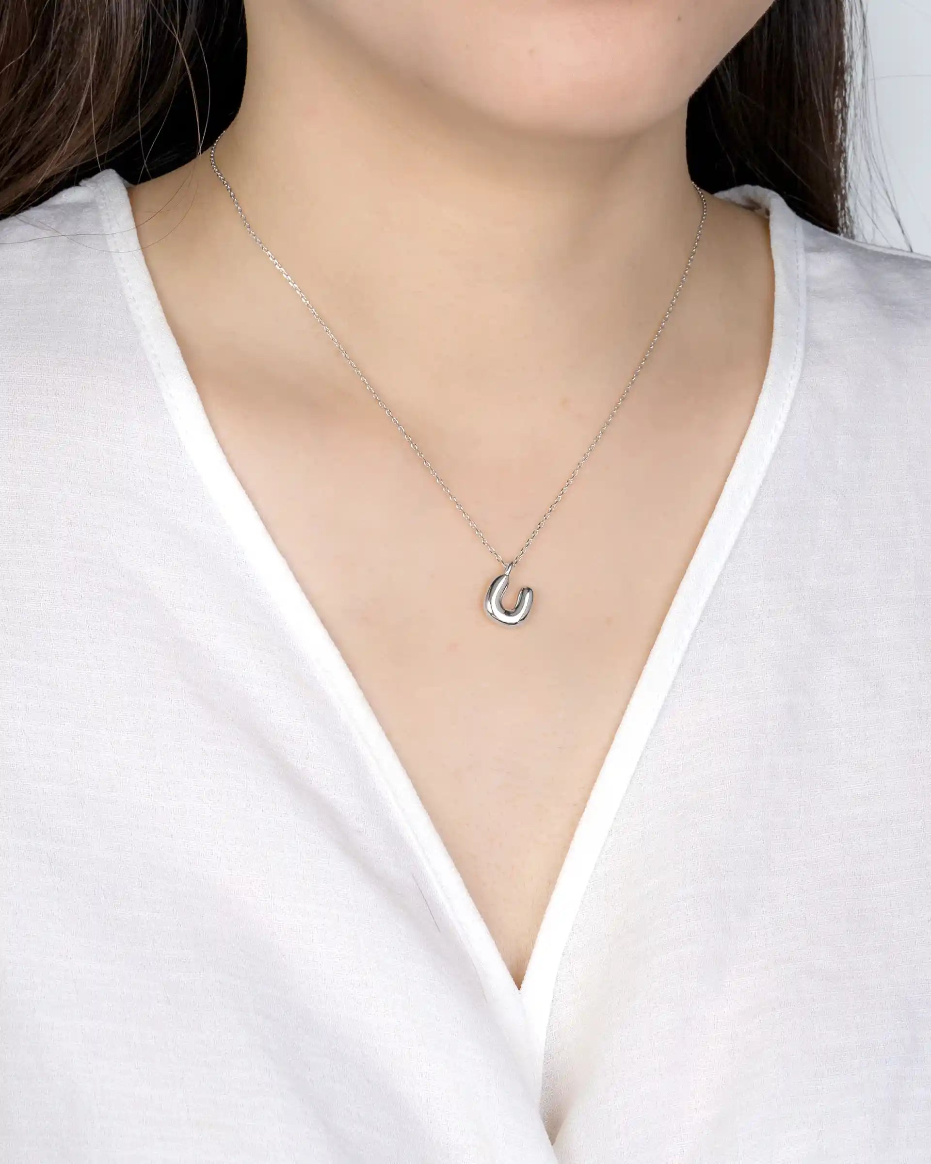 Mini Bubble Initial 'U' Necklace in Silver