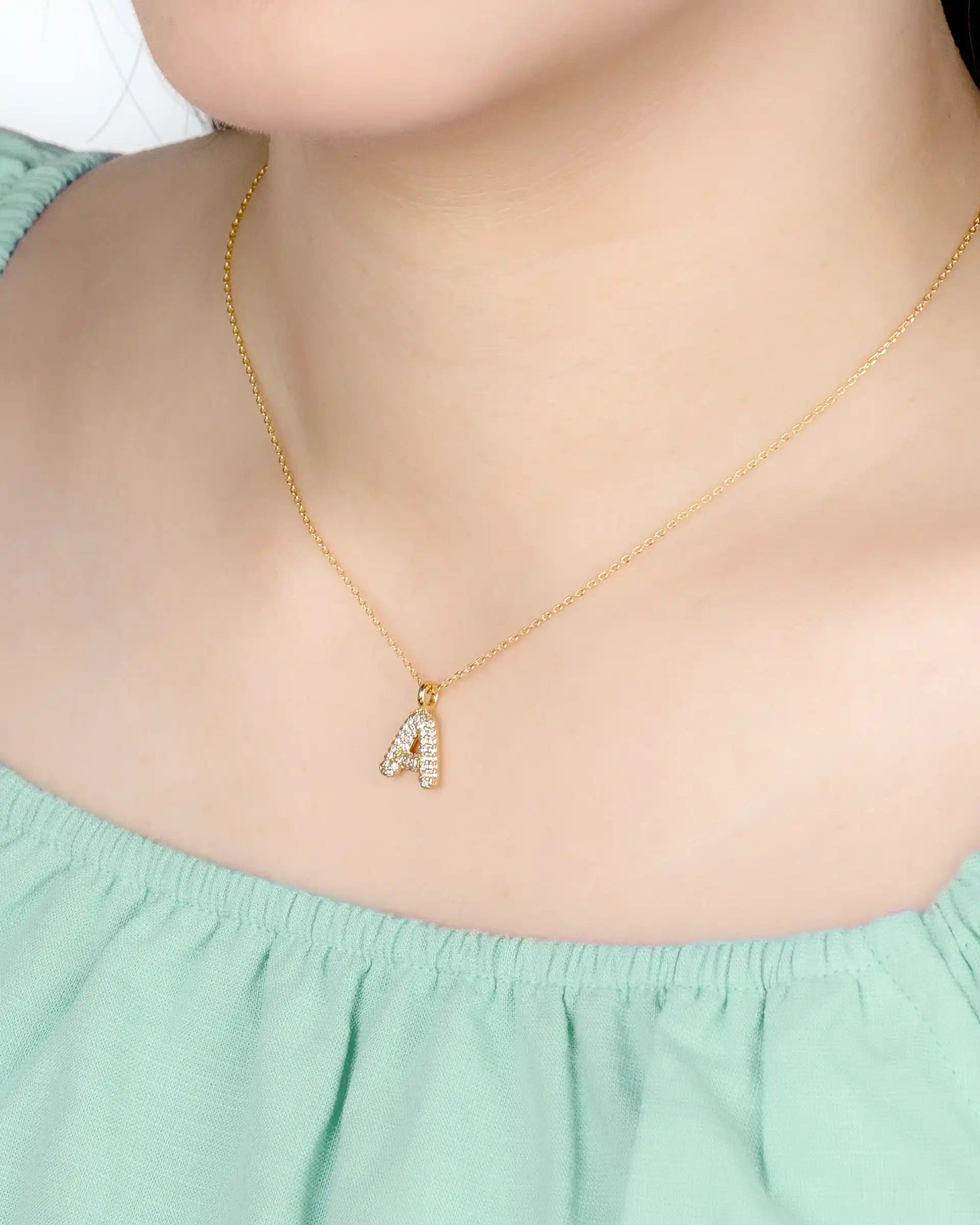 Mini Pavé Bubble Initial 'A' Necklace in Gold