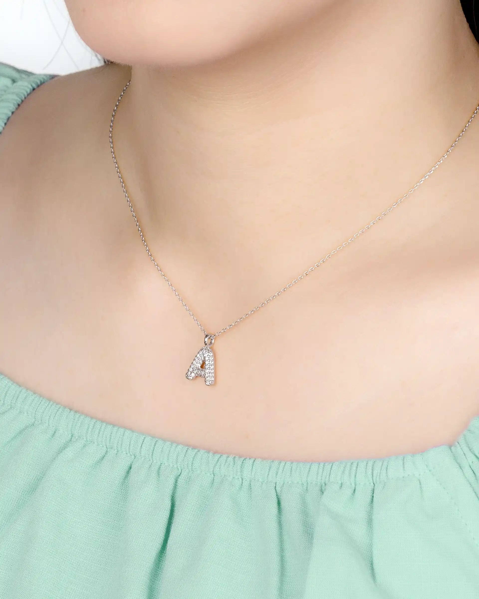 Mini Pavé Bubble Initial 'A' Necklace in Silver