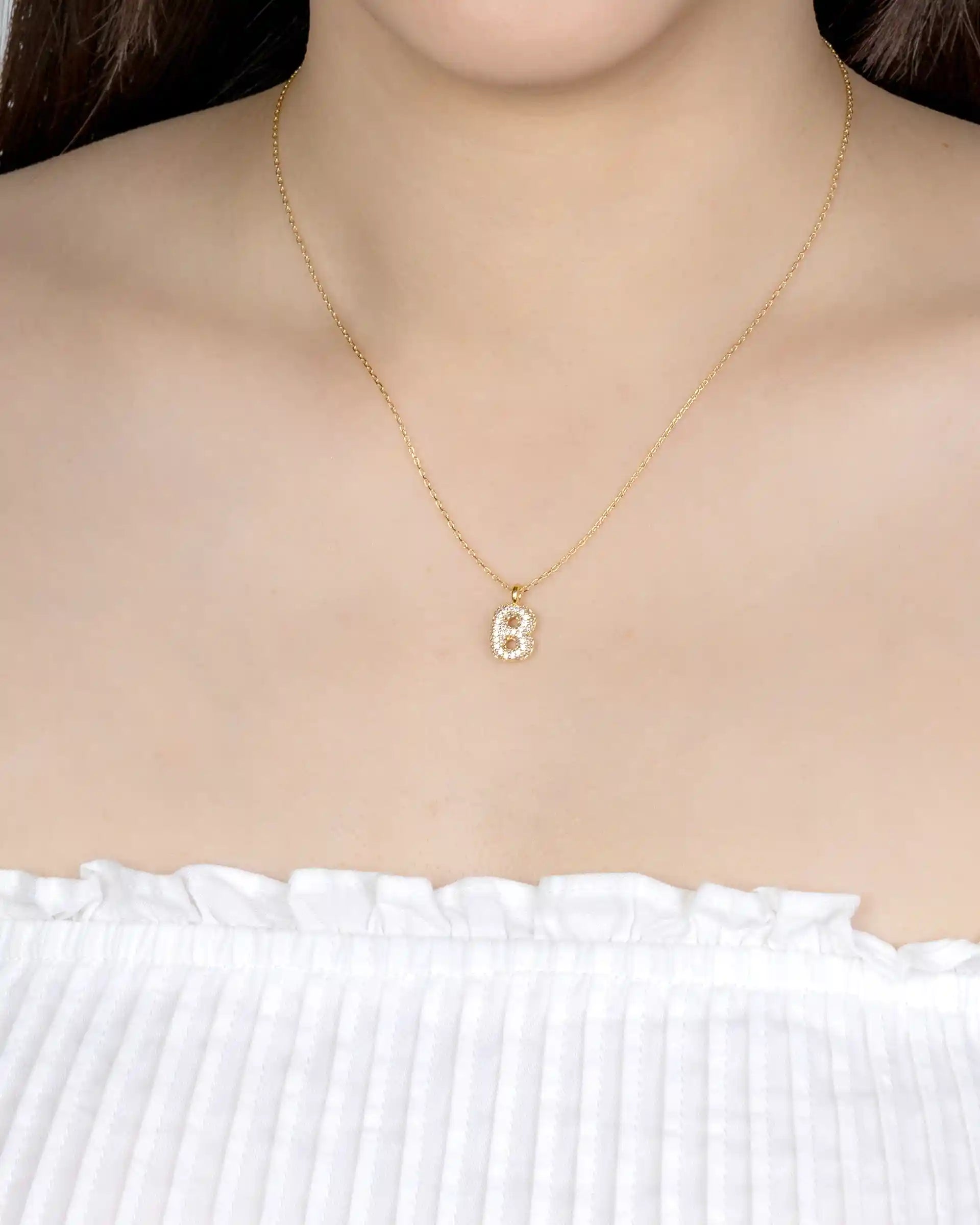 Mini Pavé Bubble Initial 'B' Necklace in Gold