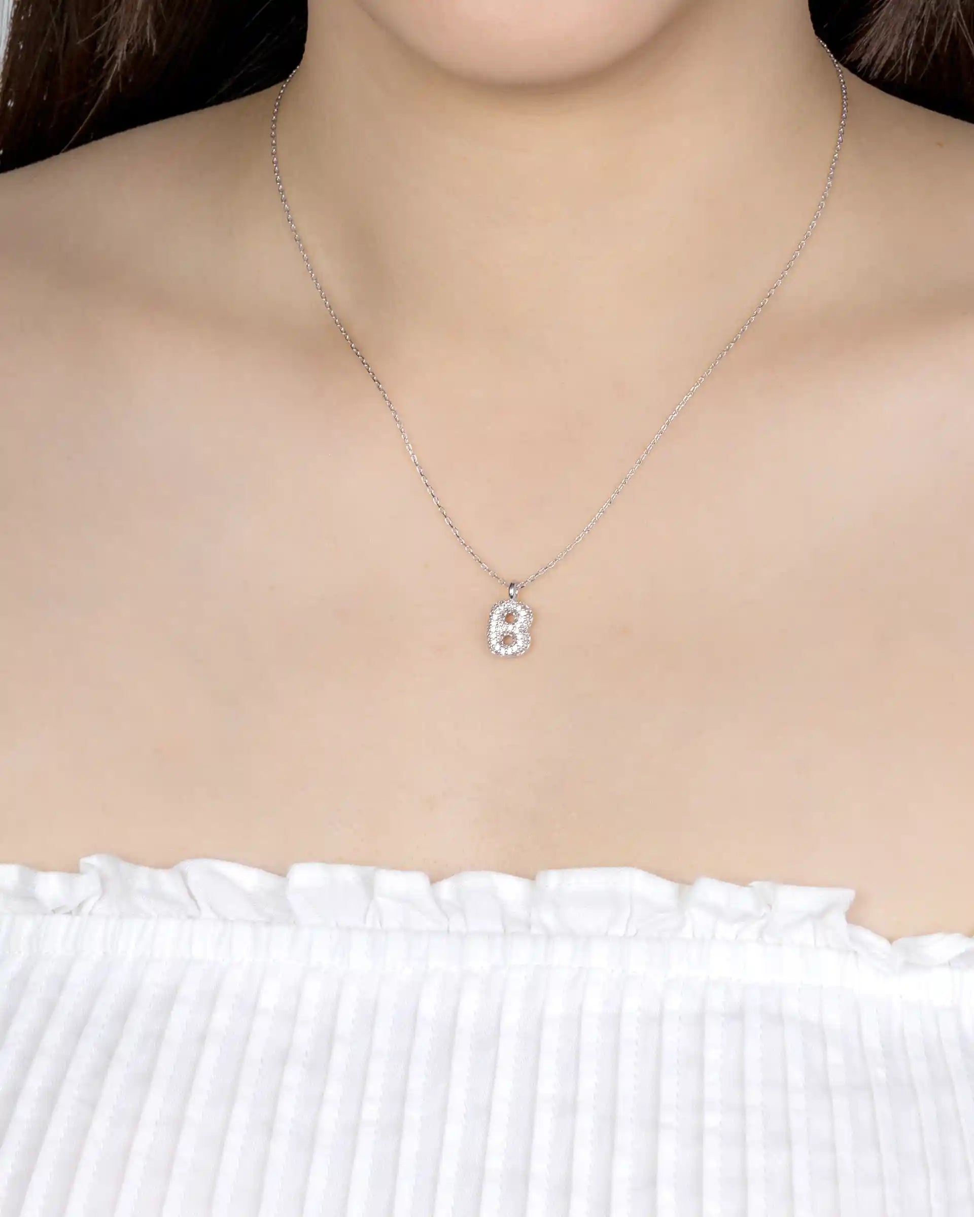 Mini Pavé Bubble Initial 'B' Necklace in Silver