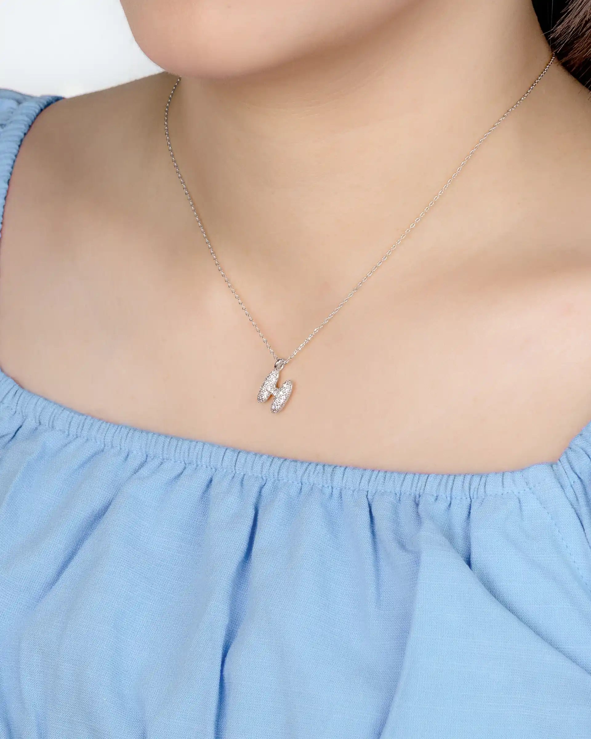 Mini Pavé Bubble Initial 'H' Necklace in Silver