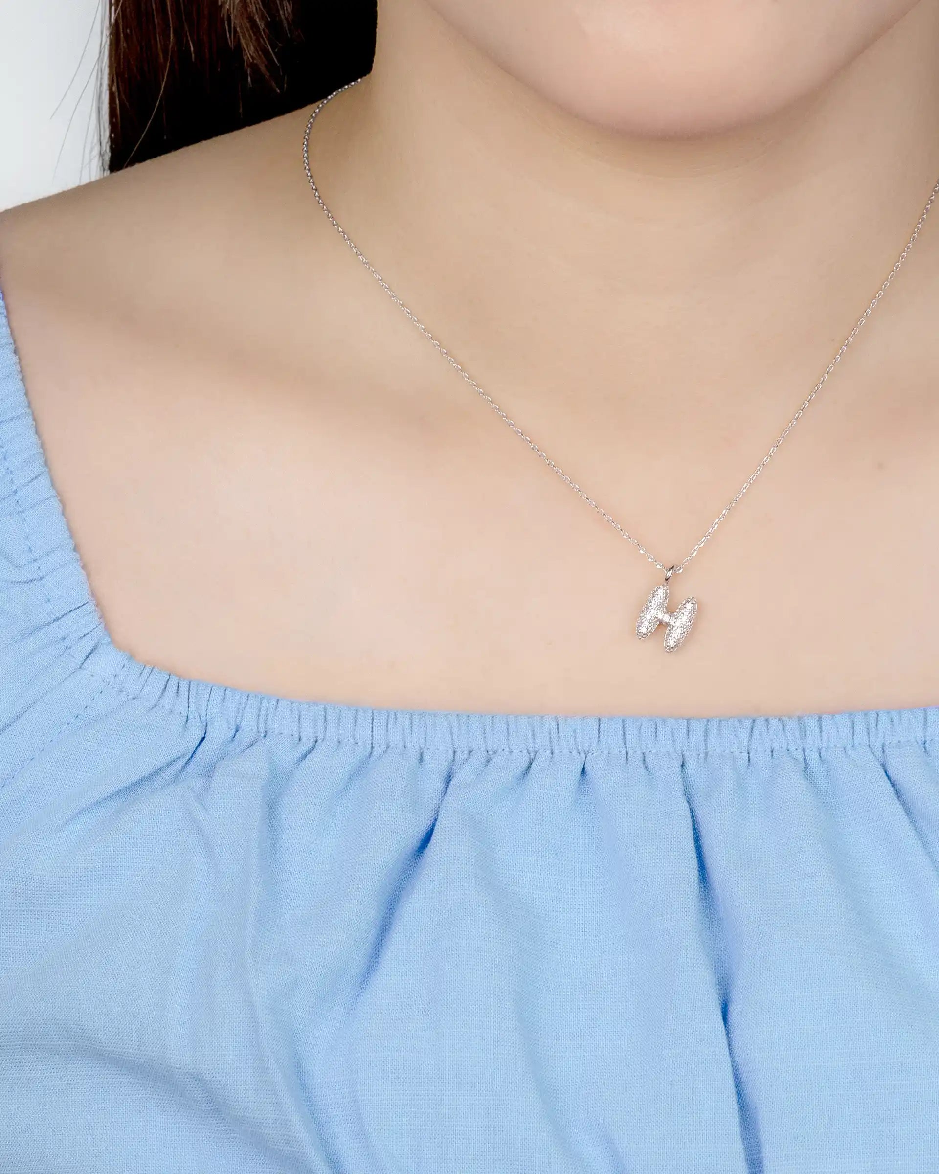 Mini Pavé Bubble Initial 'H' Necklace in Silver