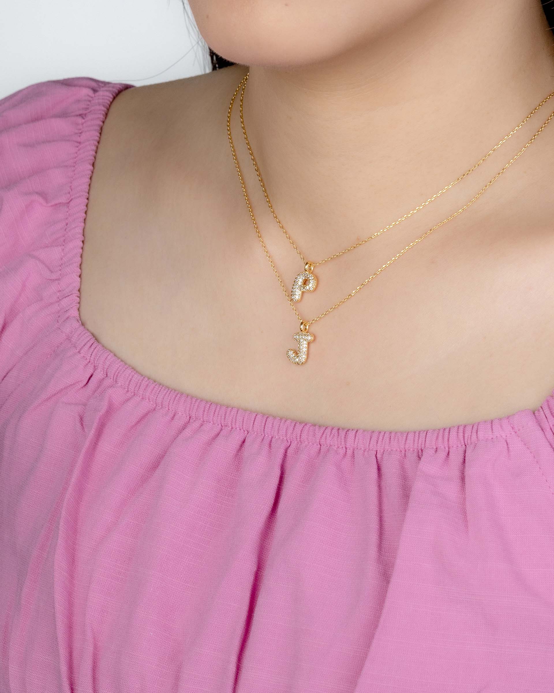 Mini Pavé Bubble Initial 'P' Necklace in Gold