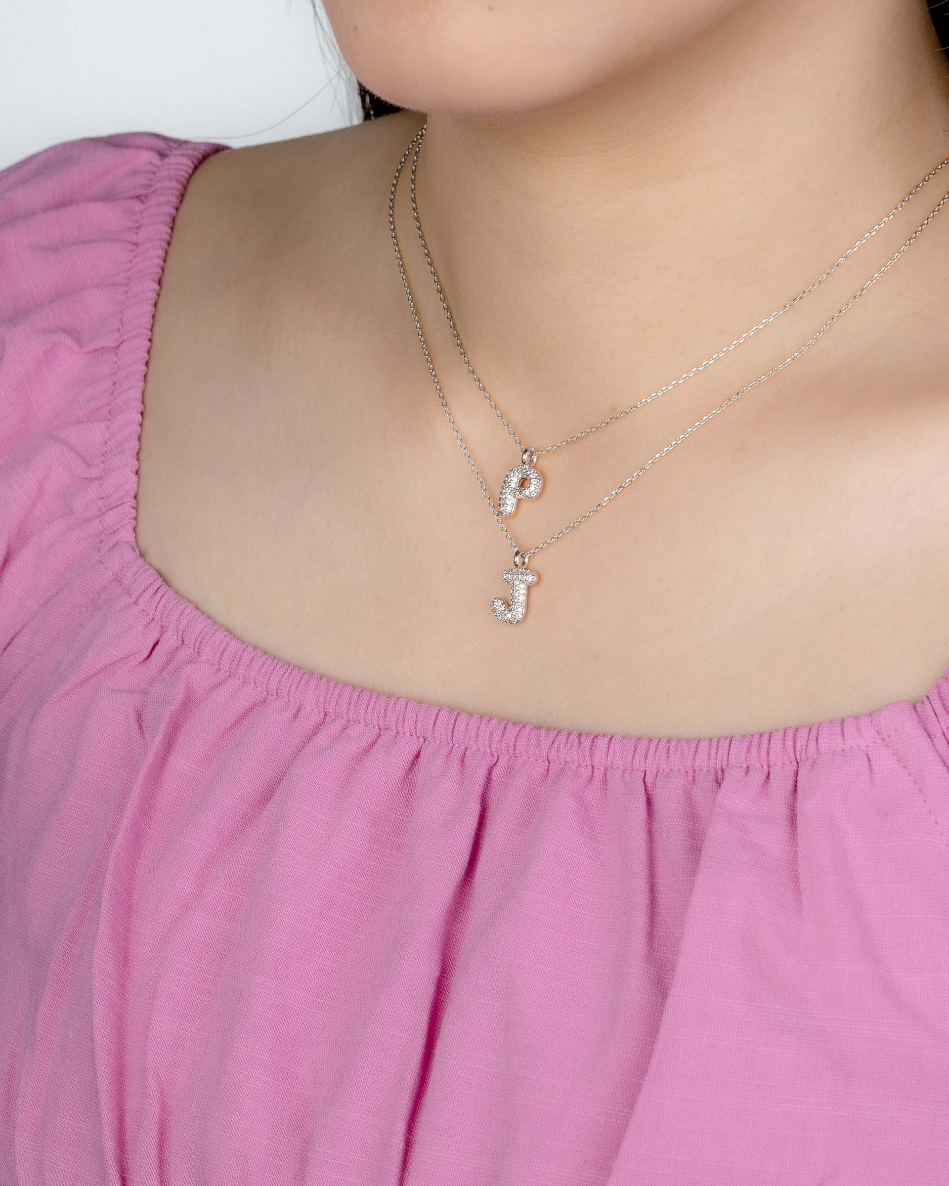 Mini Pavé Bubble Initial 'J' Necklace in Silver