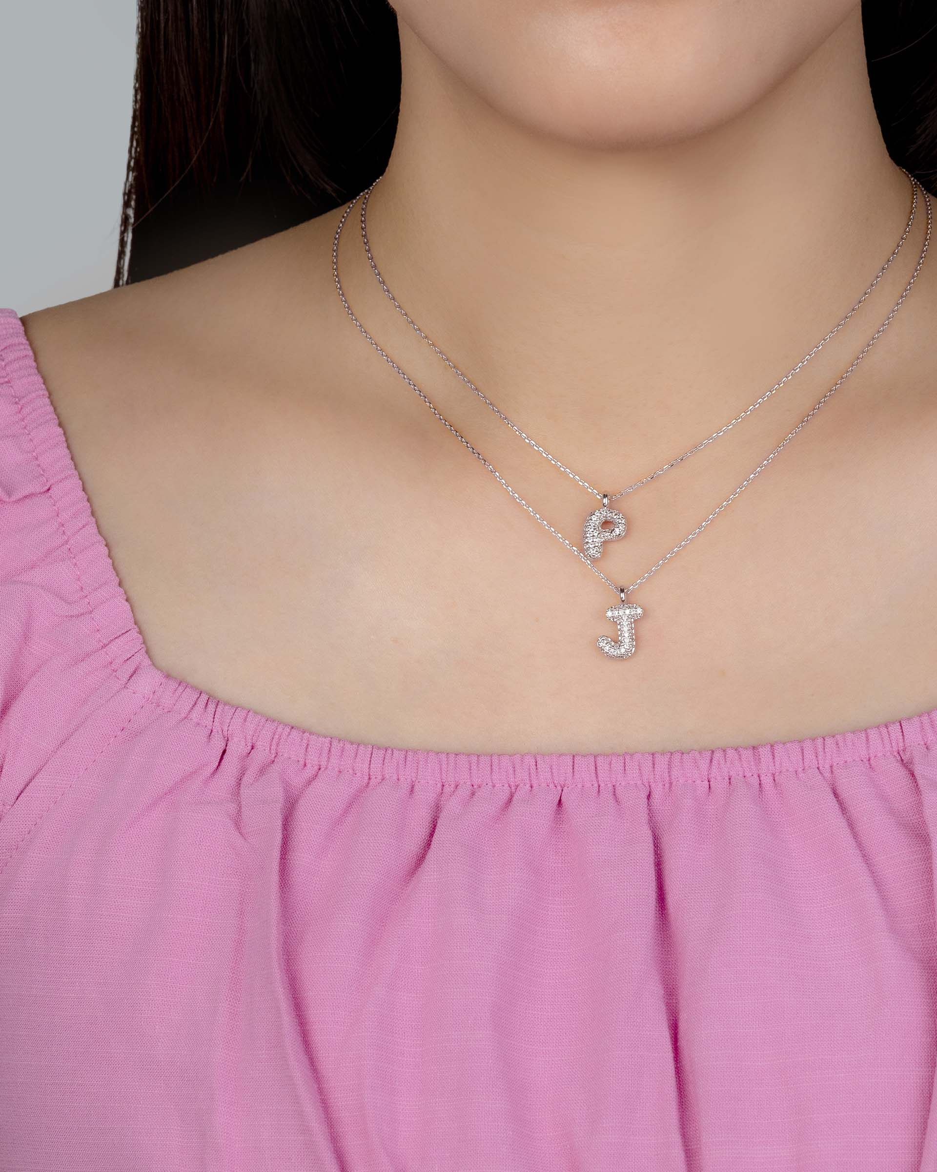 Mini Pavé Bubble Initial 'J' Necklace in Silver