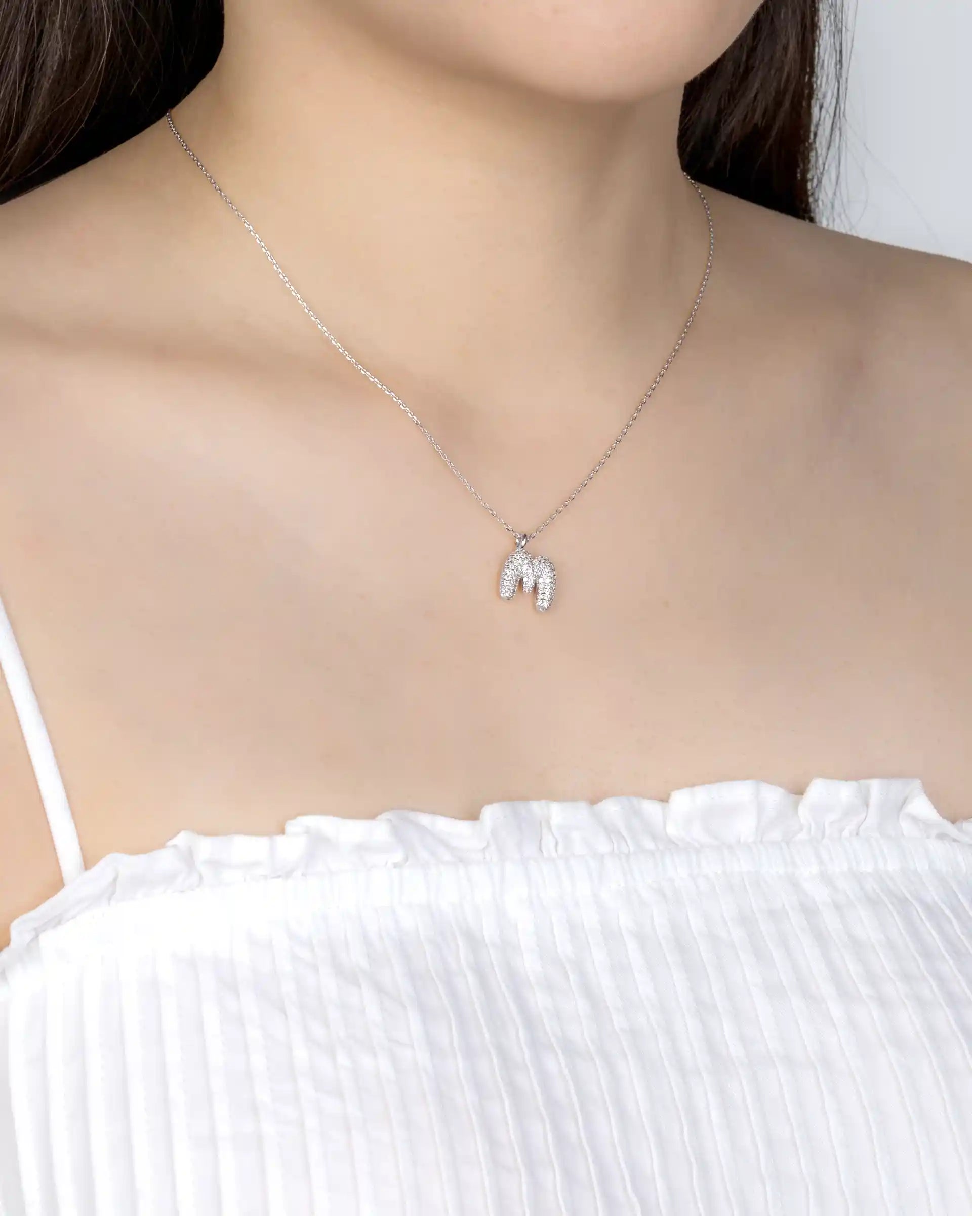 Mini Pavé Bubble Initial 'M' Necklace in Silver