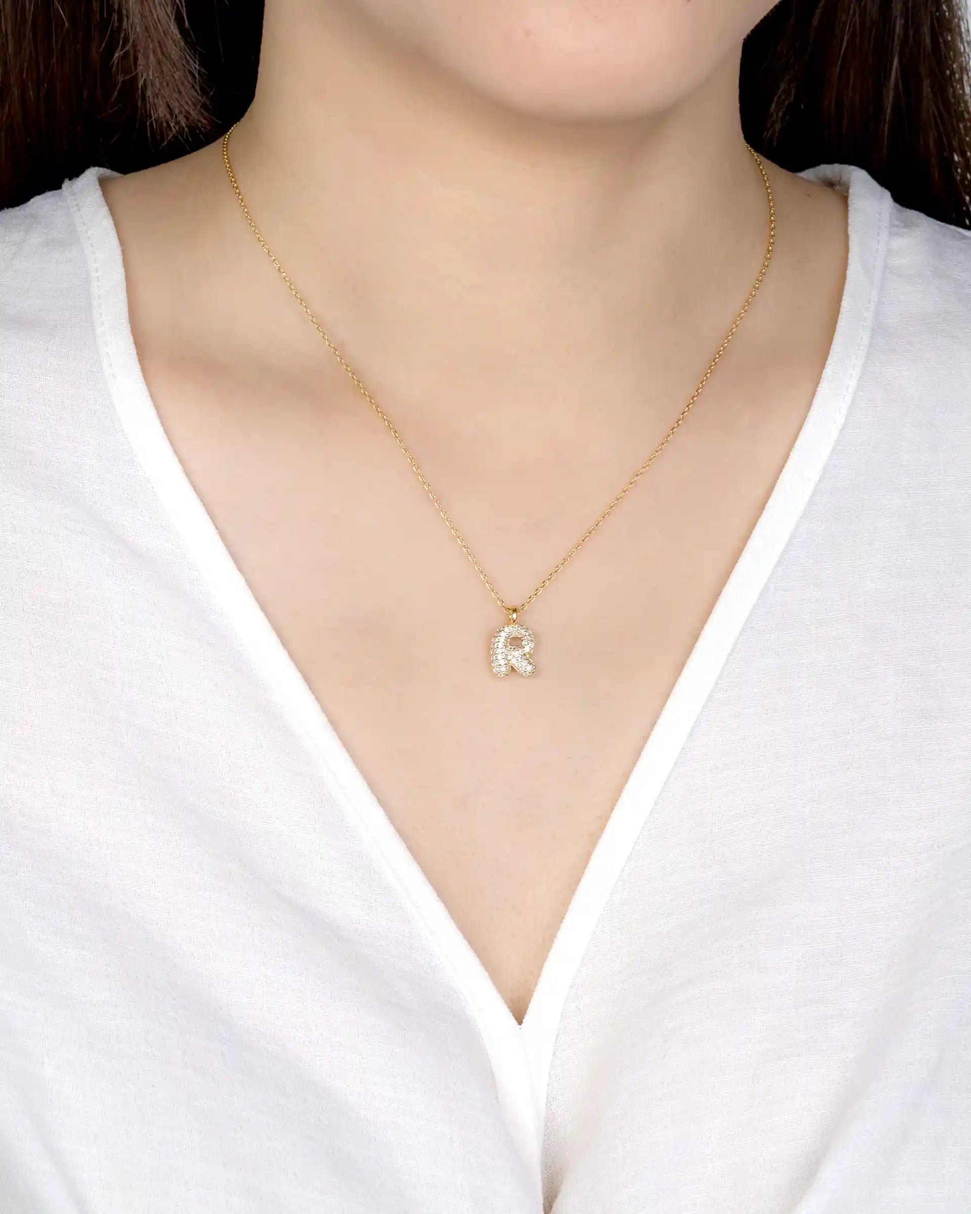 Mini Pavé Bubble Initial 'R' Necklace in Gold
