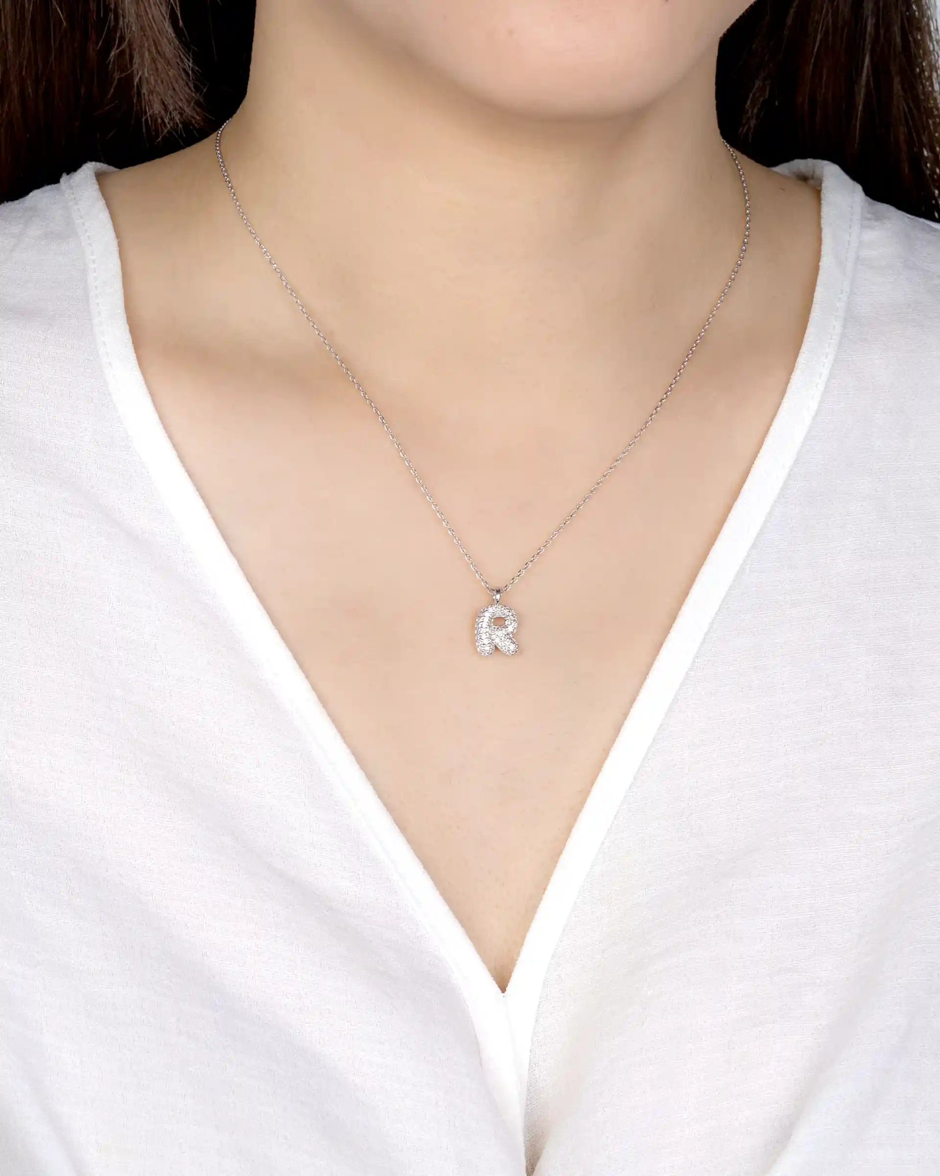 Mini Pavé Bubble Initial 'R' Necklace in Silver