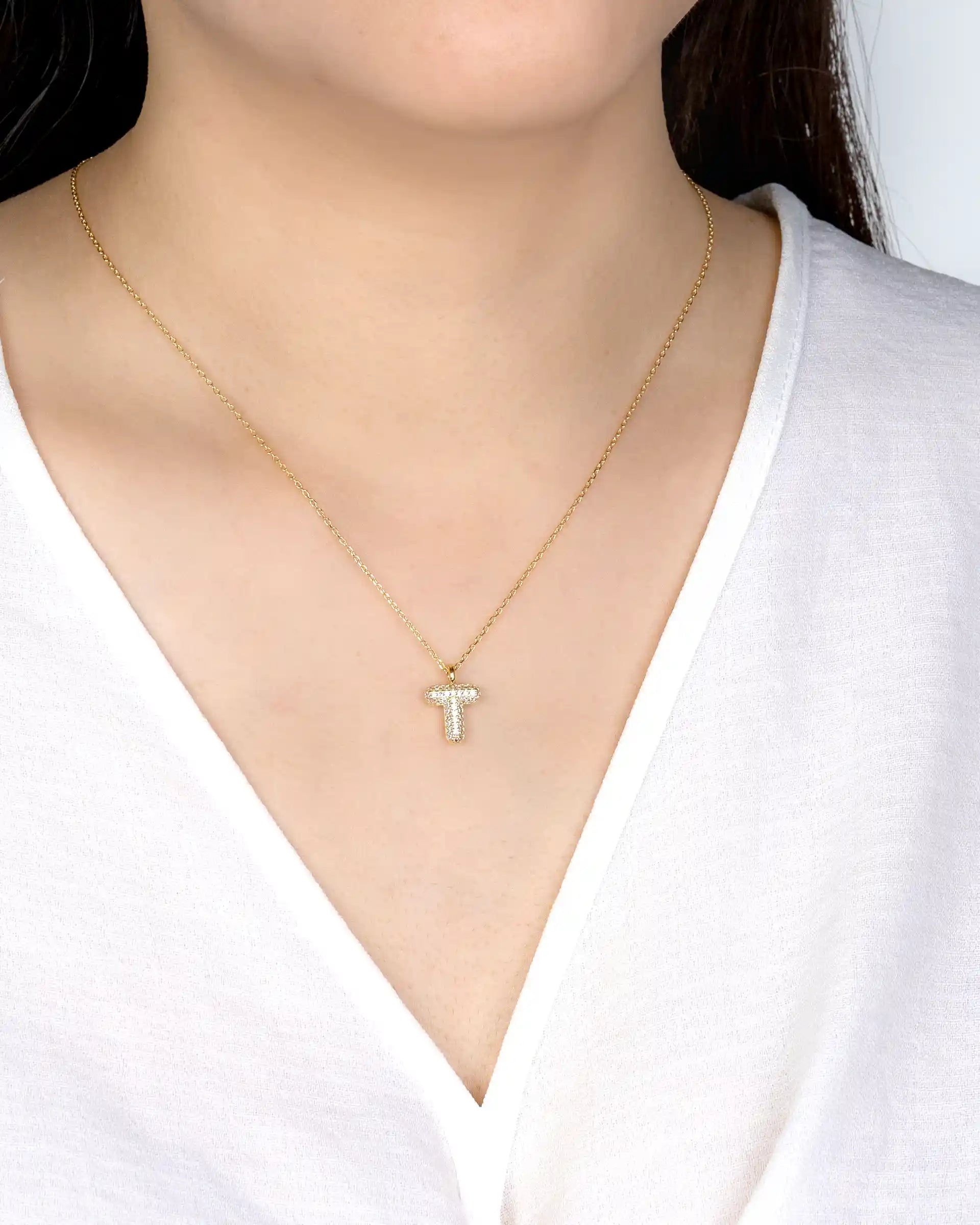 Mini Pavé Bubble Initial 'T' Necklace in Gold