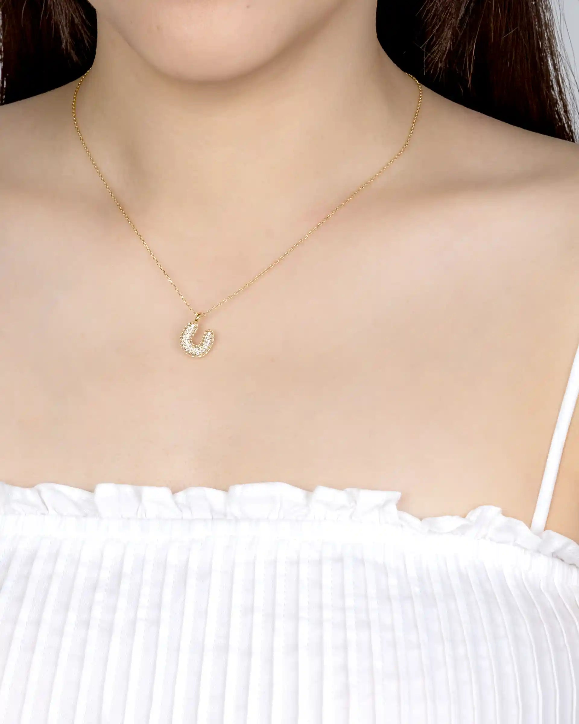 Mini Pavé Bubble Initial 'U' Necklace in Gold