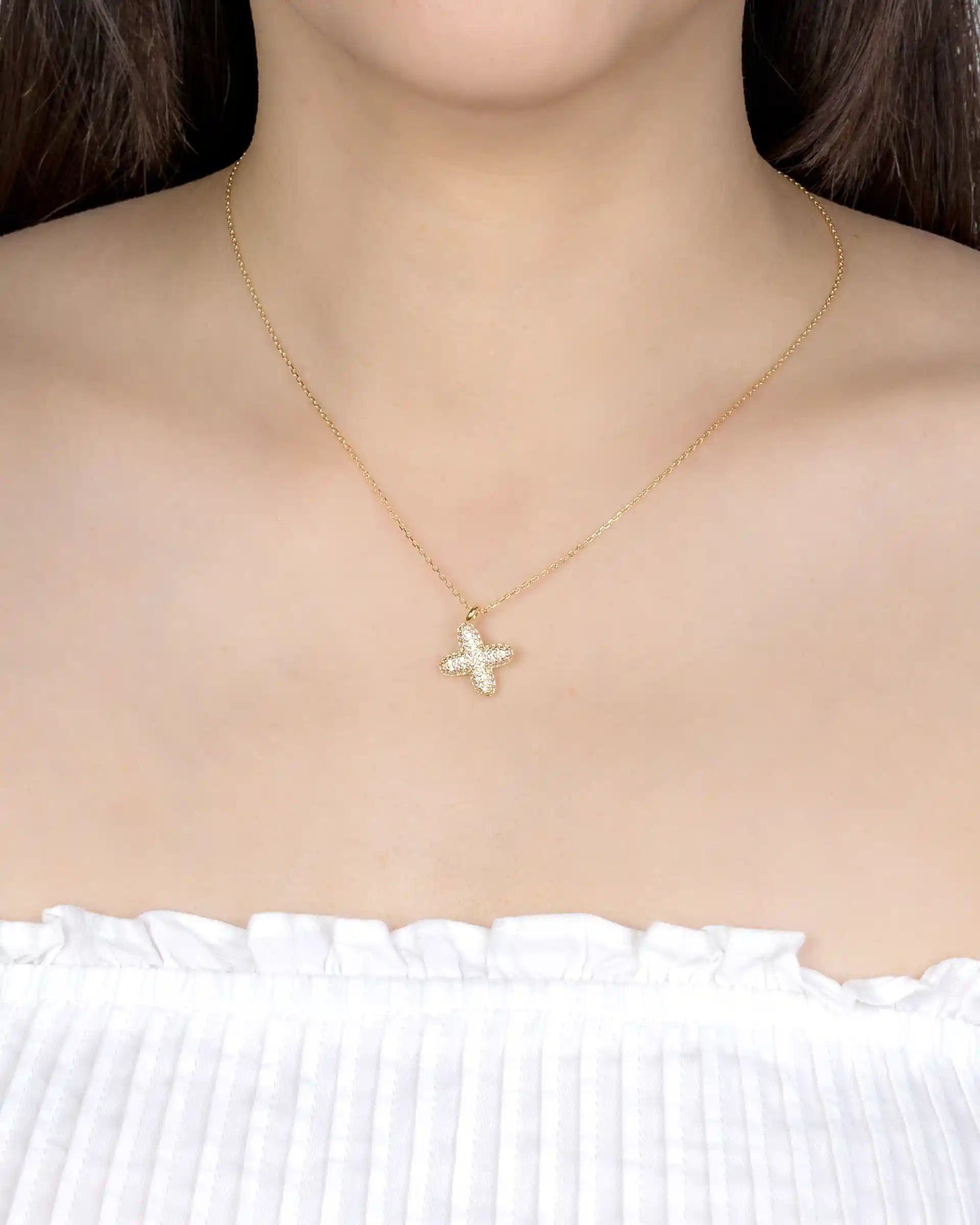 Mini Pavé Bubble Initial 'X' Necklace in Gold