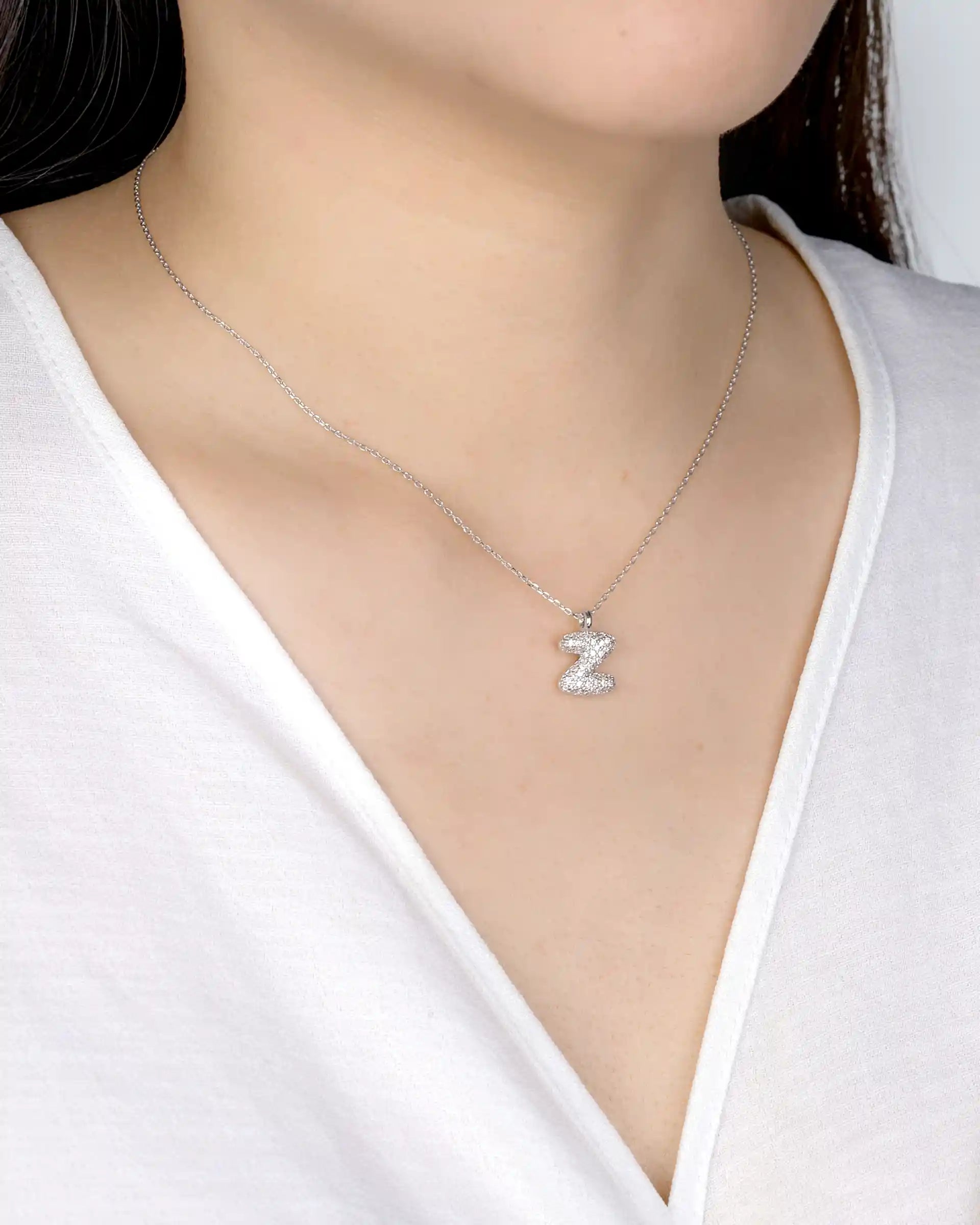 Mini Pavé Bubble Initial 'Z' Necklace in Silver