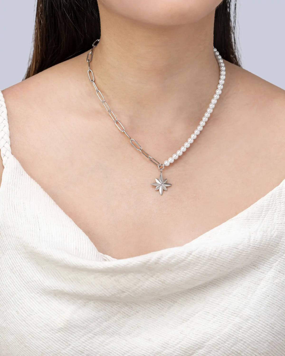 Amy Pearl & Paperclip Star Necklace in Silver